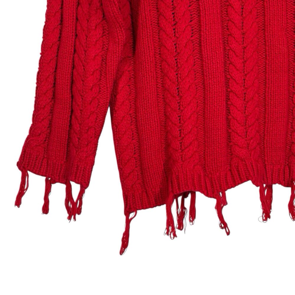 Umgee Cable Knit Sweater XL Red Dropped Shoulders Frayed Tassel Hem Fisherman - Picture 6 of 11